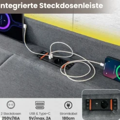 Doppelbettgestell inkl. LED-Leuchten gepolstertes Plattformbett mit Ladestation Grau 200 x 160 cm