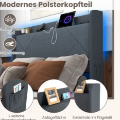 Doppelbettgestell inkl. LED-Leuchten gepolstertes Plattformbett mit Ladestation Grau 200 x 160 cm