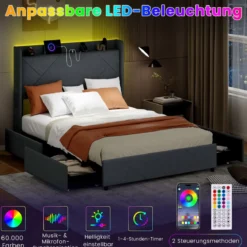 Doppelbettgestell inkl. LED-Leuchten gepolstertes Plattformbett mit Ladestation Grau 200 x 160 cm