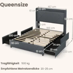 Doppelbettgestell inkl. LED-Leuchten gepolstertes Plattformbett mit Ladestation Grau 200 x 160 cm