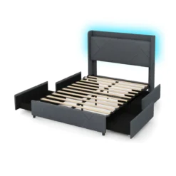 Doppelbettgestell inkl. LED-Leuchten gepolstertes Plattformbett mit Ladestation Grau 200 x 160 cm