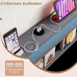 Doppelbettgestell mit LED-Leuchten & USB-Anschlüssen Modernes Plattformbett 140 x 200 cm Grau