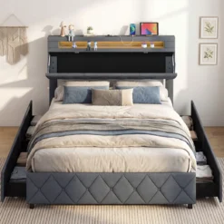 Doppelbettgestell mit LED-Leuchten & USB-Anschlüssen Modernes Plattformbett 140 x 200 cm Grau