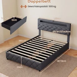 Doppelbettgestell mit LED-Leuchten & USB-Anschlüssen Modernes Plattformbett 140 x 200 cm Grau