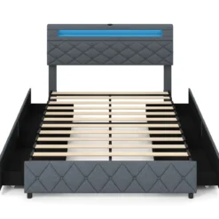 Doppelbettgestell mit LED-Leuchten & USB-Anschlüssen Modernes Plattformbett 140 x 200 cm Grau