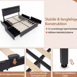 Doppelbettgestell mit LED-Leuchten & USB-Anschlüssen Modernes Plattformbett 140 x 200 cm Grau