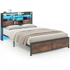 Doppelbettgestell mit LED-Lichtern & Ladestation Industrielles Plattformbett 200 x 140 cm/200 x 160 cm