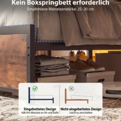 Doppelbettgestell mit LED-Lichtern & Ladestation Industrielles Plattformbett 200 x 140 cm/200 x 160 cm