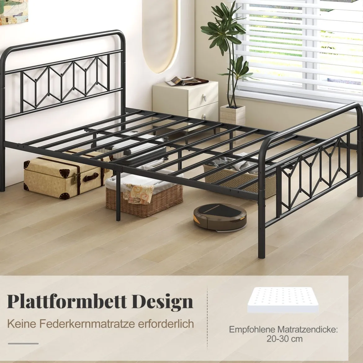 Doppelbett Metallgestell für 200 x 140 cm Matratze Metallbettgestell mit Kopfteil Gästebett Schwarz