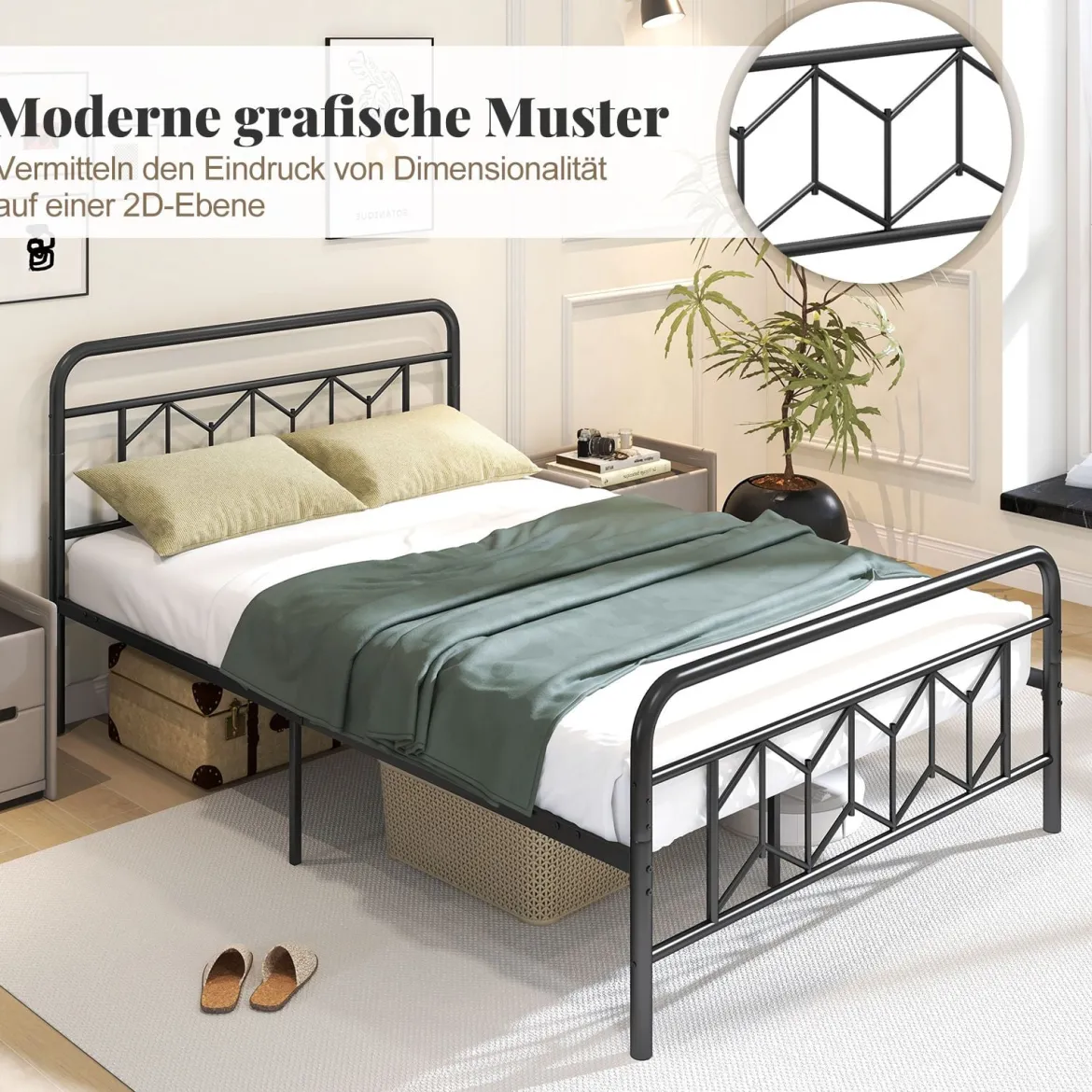 Doppelbett Metallgestell für 200 x 140 cm Matratze Metallbettgestell mit Kopfteil Gästebett Schwarz