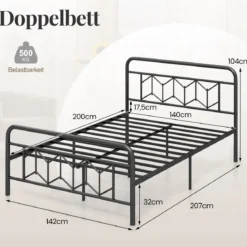 Doppelbett Metallgestell für 200 x 140 cm Matratze Metallbettgestell mit Kopfteil Gästebett Schwarz