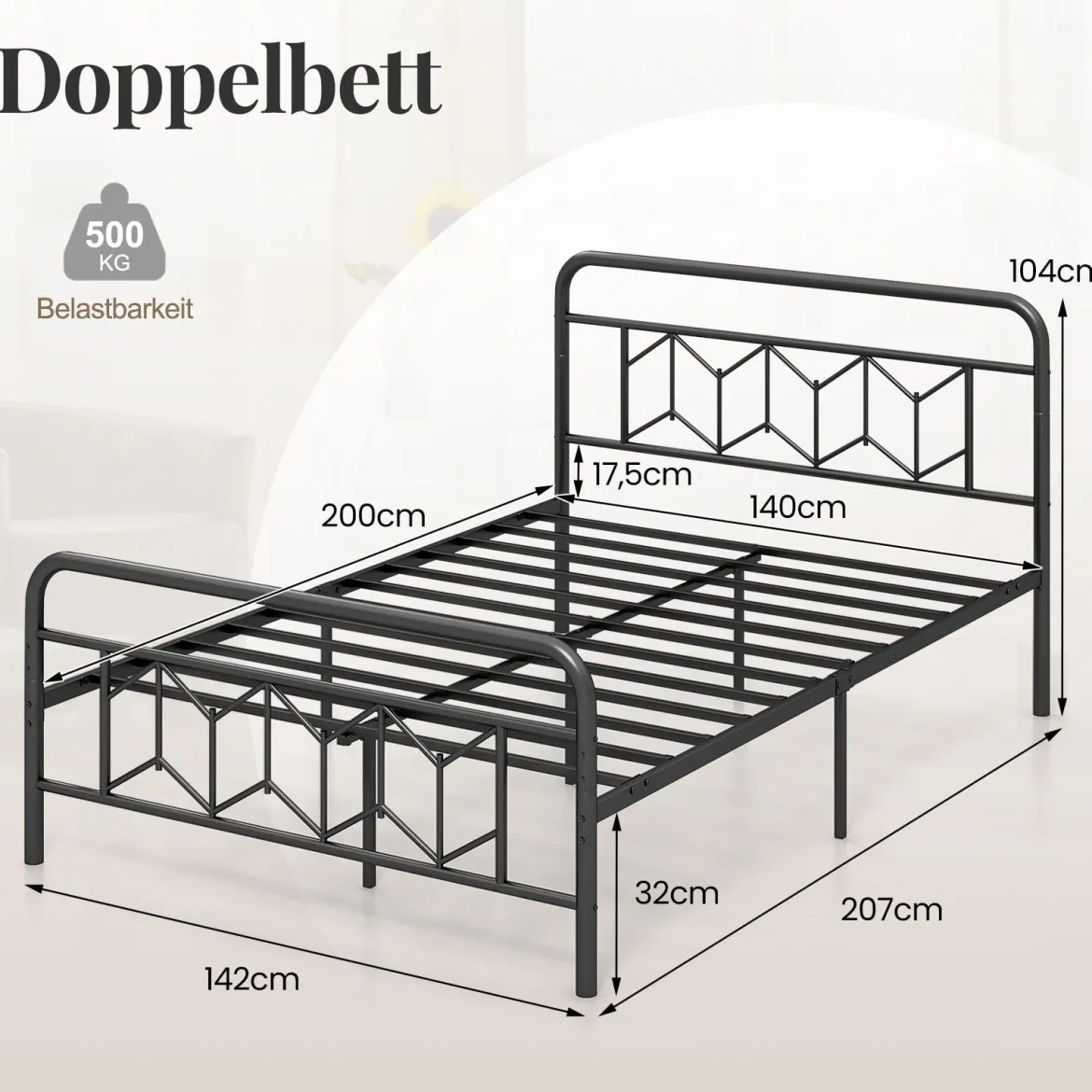 Doppelbett Metallgestell für 200 x 140 cm Matratze Metallbettgestell mit Kopfteil Gästebett Schwarz