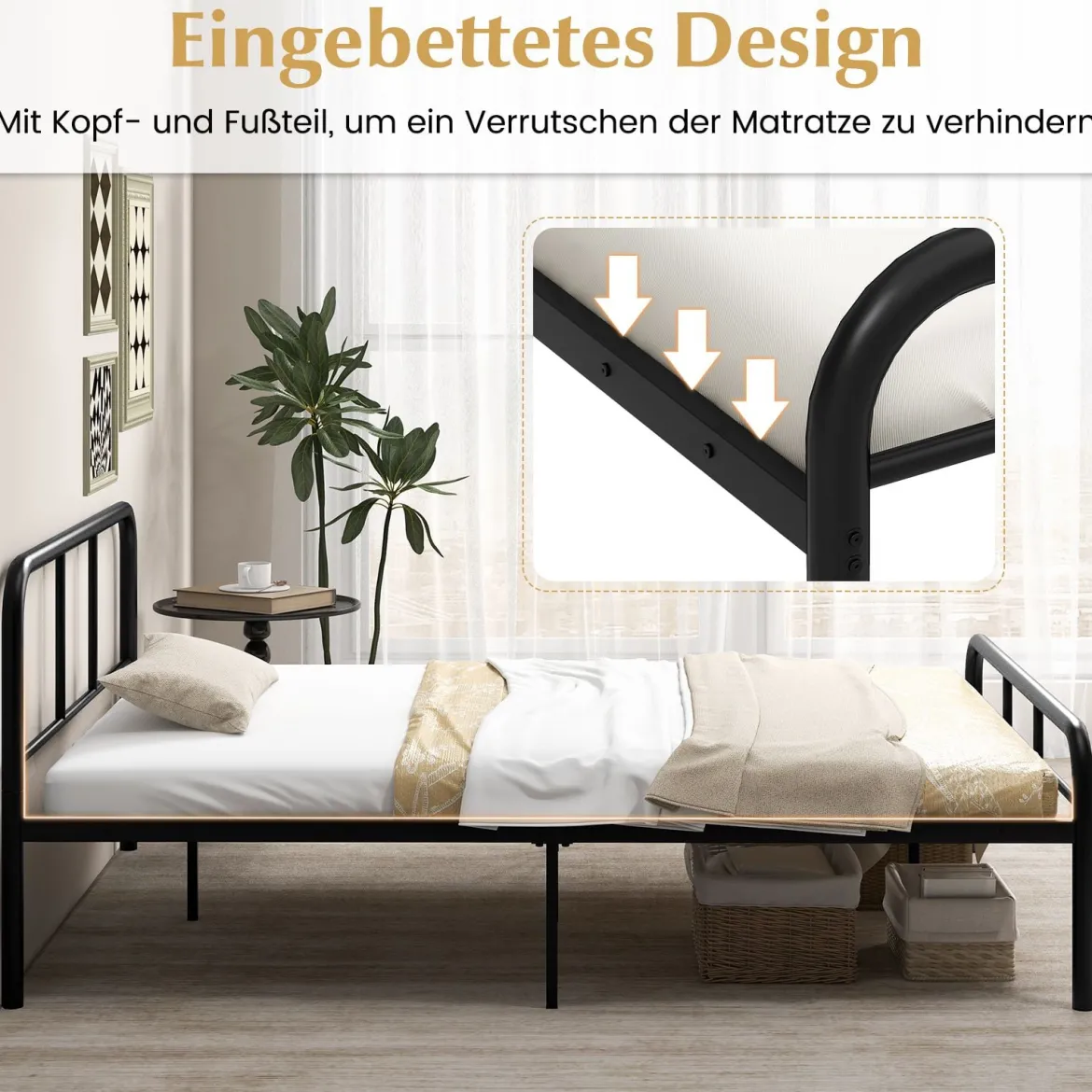 Doppelbettmit Kopf- & Fußteil Metallbett Bettgestell Metallplattformbett für 140 x 190 cm Matratze