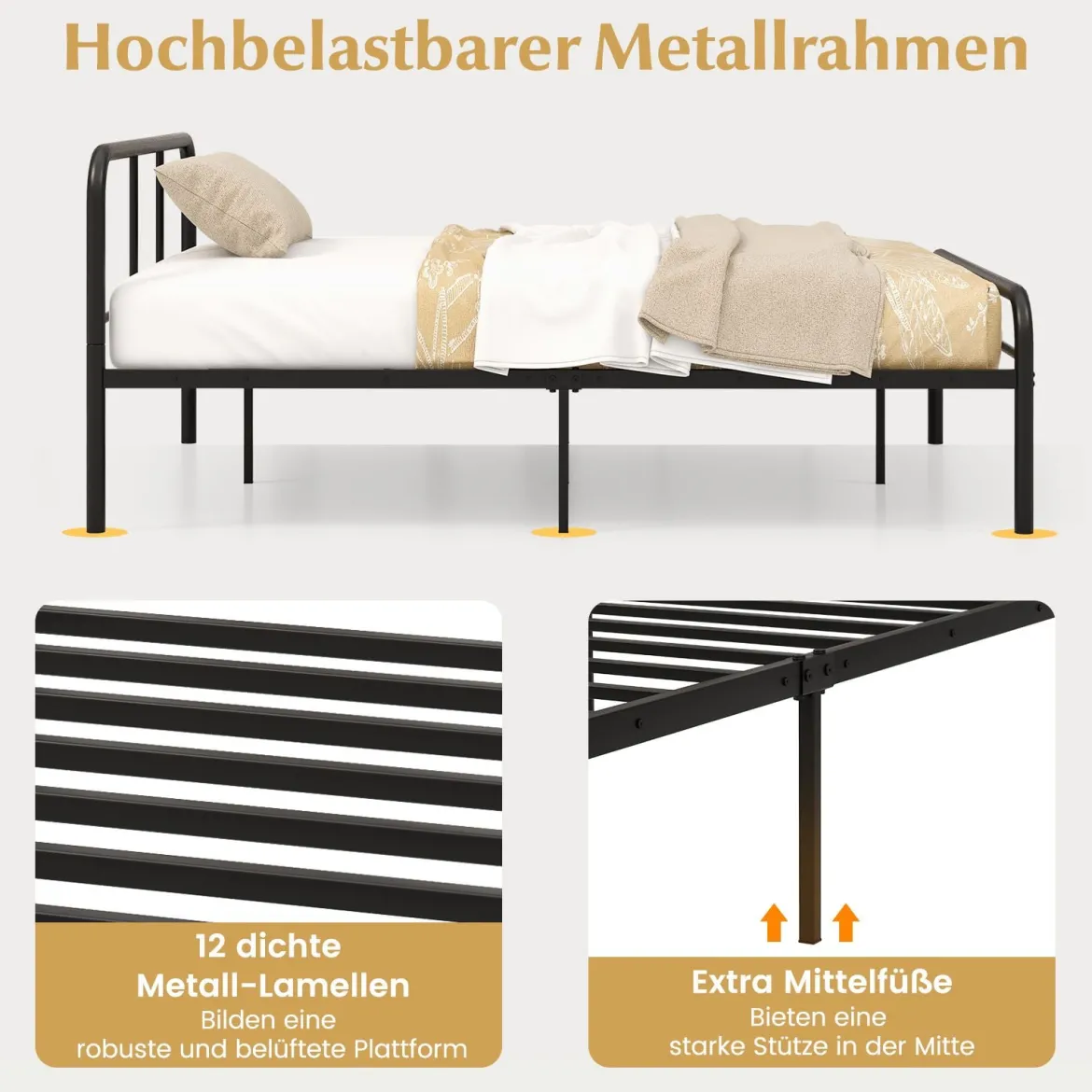 Doppelbettmit Kopf- & Fußteil Metallbett Bettgestell Metallplattformbett für 140 x 190 cm Matratze