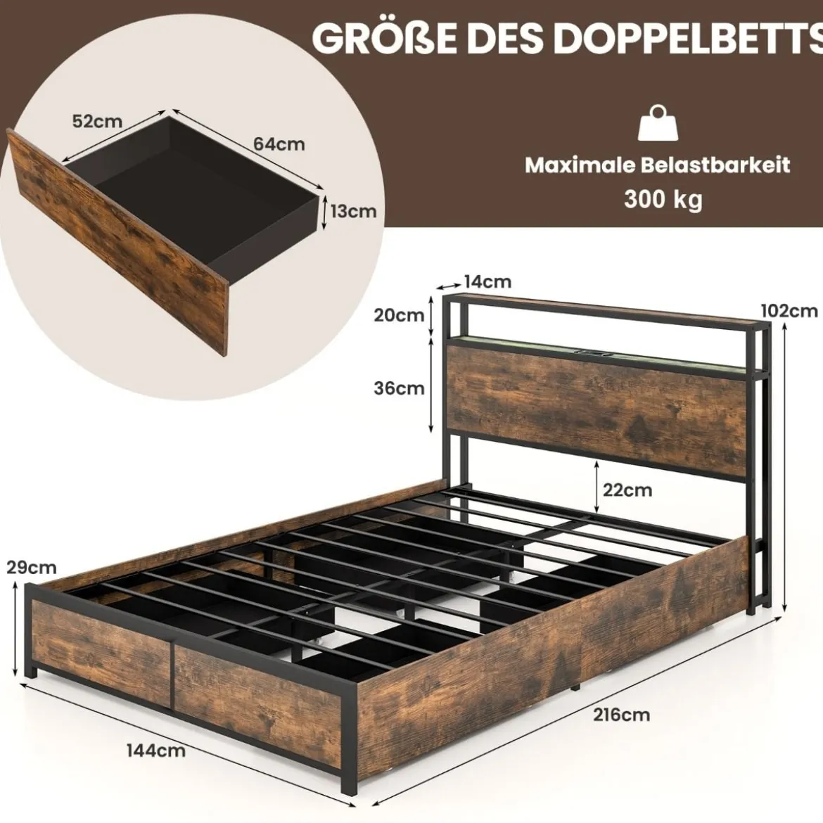 Doppelbettrahmen mit LED Plattformbett & Schubladen geräuschfreies Bettgestell Rustikales Braun
