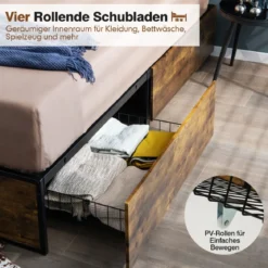 Doppelbettrahmen Strapazierfähiges Metallbett mit 4 Schubladen Holzfußende Rustikales Braun