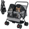 Doppel Hundebuggy mit 2-Sitzer-Tragetasche & Verstellbarem Sonnenschutz Katzenwagen Grau