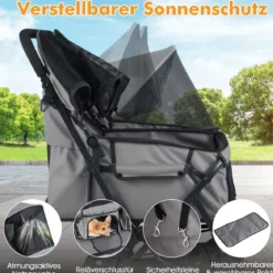 Doppel Hundebuggy mit 2-Sitzer-Tragetasche & Verstellbarem Sonnenschutz Katzenwagen Grau