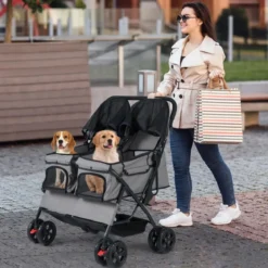 Doppel Hundebuggy mit 2-Sitzer-Tragetasche & Verstellbarem Sonnenschutz Katzenwagen Grau