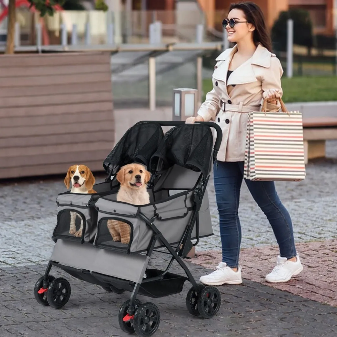 Doppel Hundebuggy mit 2-Sitzer-Tragetasche & Verstellbarem Sonnenschutz Katzenwagen Grau