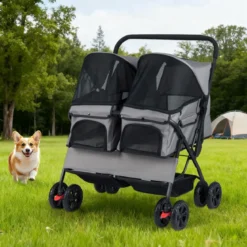 Doppel Hundebuggy mit 2-Sitzer-Tragetasche & Verstellbarem Sonnenschutz Katzenwagen Grau