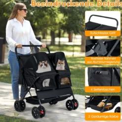 Doppel Hundebuggy mit 2-Sitzer-Tragetasche & Verstellbarem Sonnenschutz Katzenwagen Schwarz