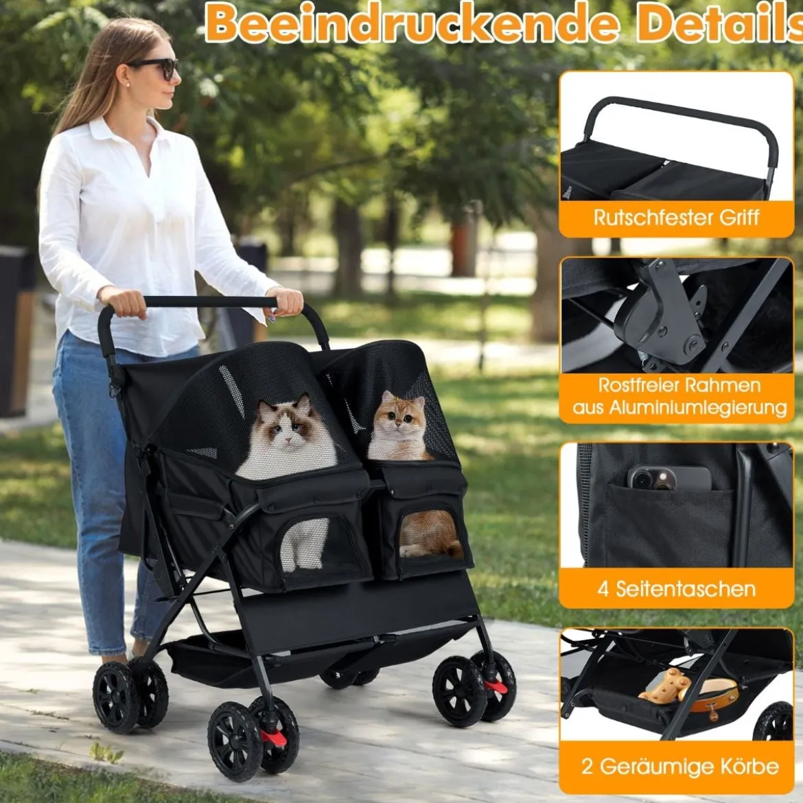 Doppel Hundebuggy mit 2-Sitzer-Tragetasche & Verstellbarem Sonnenschutz Katzenwagen Schwarz