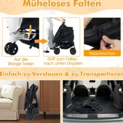 Doppel Hundebuggy mit 2-Sitzer-Tragetasche & Verstellbarem Sonnenschutz Katzenwagen Schwarz