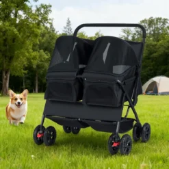 Doppel Hundebuggy mit 2-Sitzer-Tragetasche & Verstellbarem Sonnenschutz Katzenwagen Schwarz