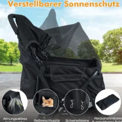 Doppel Hundebuggy mit 2-Sitzer-Tragetasche & Verstellbarem Sonnenschutz Katzenwagen Schwarz