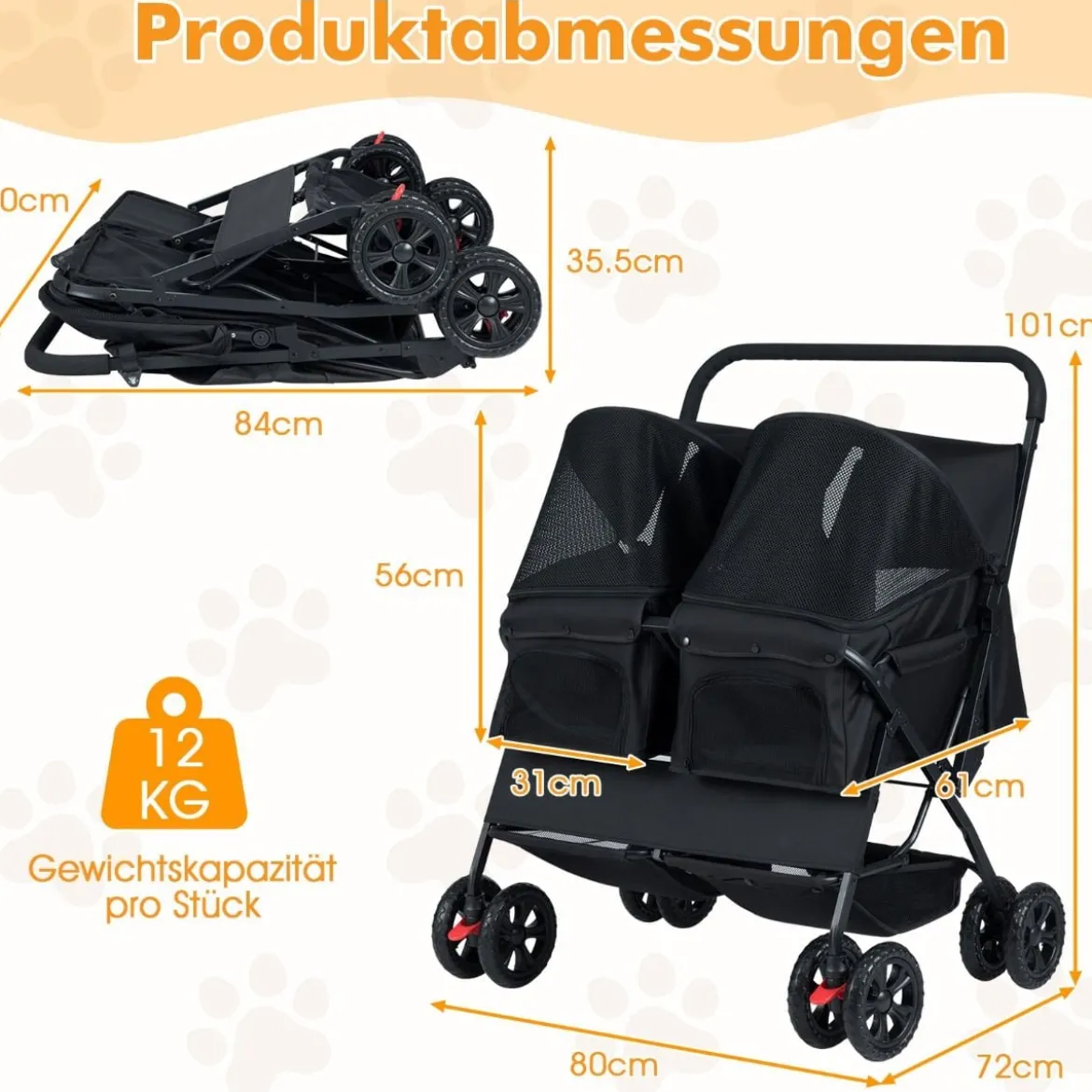 Doppel Hundebuggy mit 2-Sitzer-Tragetasche & Verstellbarem Sonnenschutz Katzenwagen Schwarz