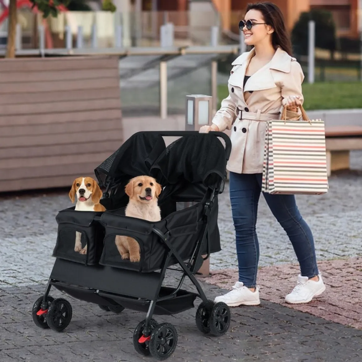 Doppel Hundebuggy mit 2-Sitzer-Tragetasche & Verstellbarem Sonnenschutz Katzenwagen Schwarz