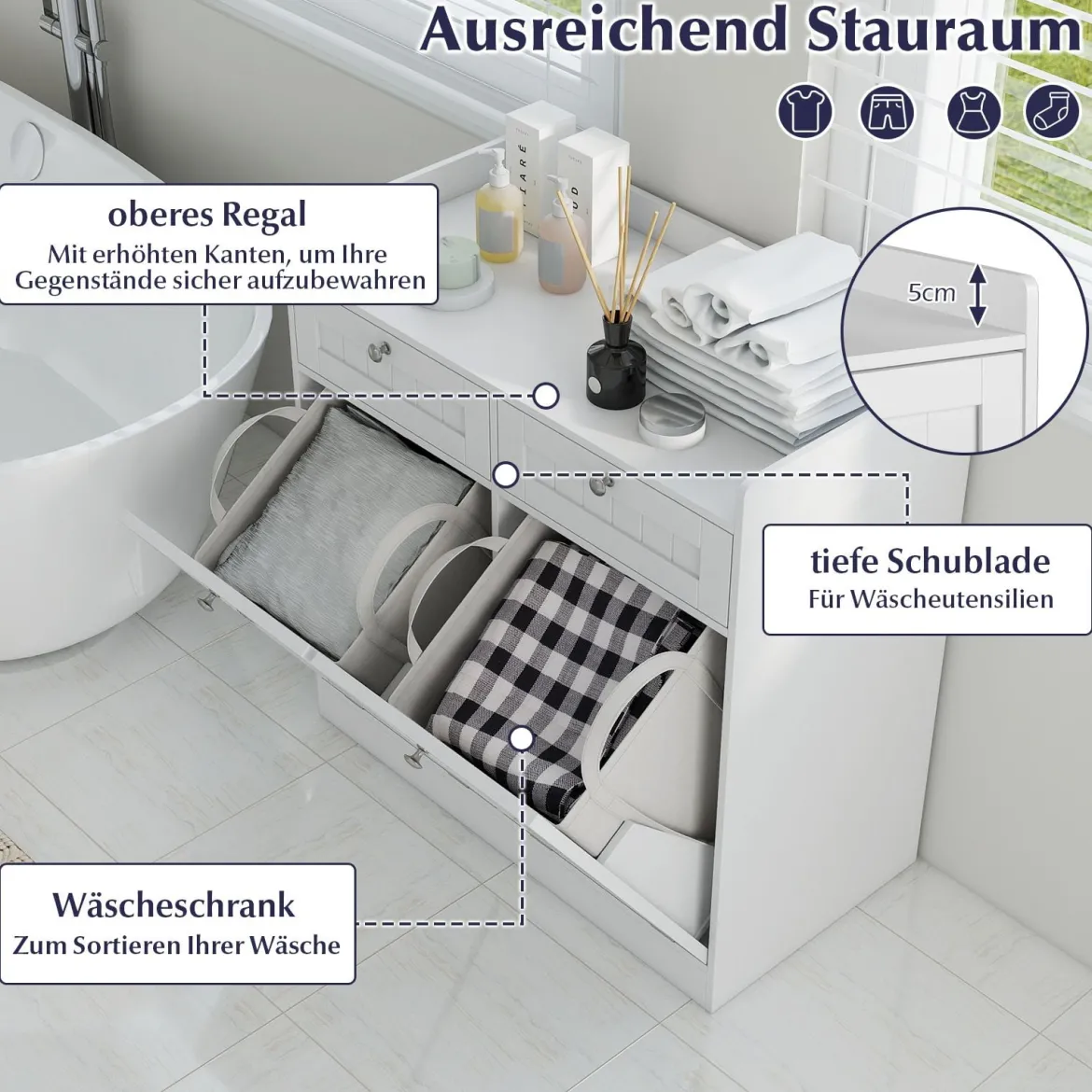 Doppel-kippbarer Wäscheschrank mit Regal & 2 Schubladen & 2 Abnehmbaren Wäschesäcken Weiß