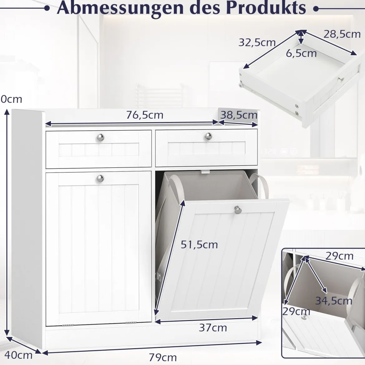Doppel-kippbarer Wäscheschrank mit Regal & 2 Schubladen & 2 Abnehmbaren Wäschesäcken Weiß
