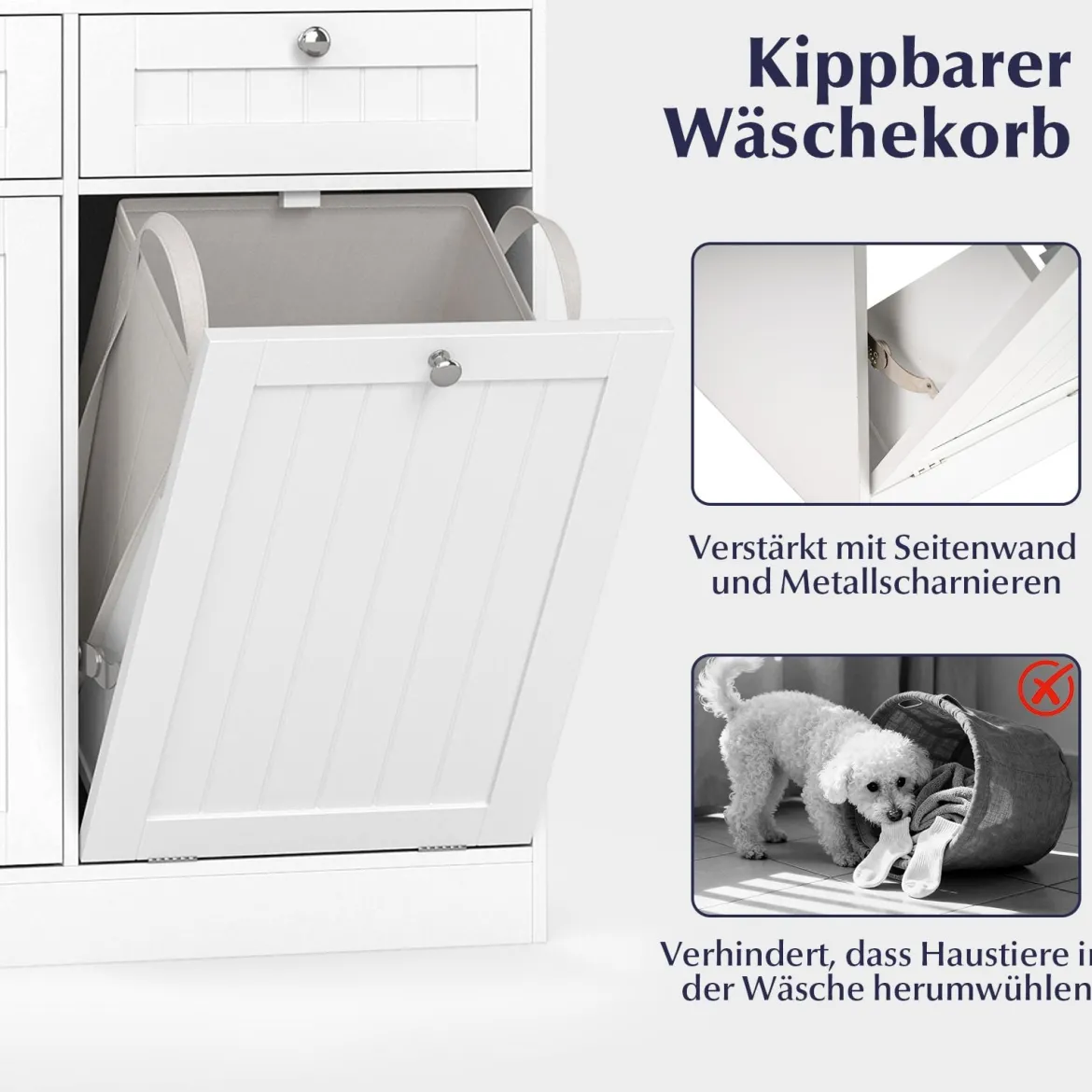 Doppel-kippbarer Wäscheschrank mit Regal & 2 Schubladen & 2 Abnehmbaren Wäschesäcken Weiß