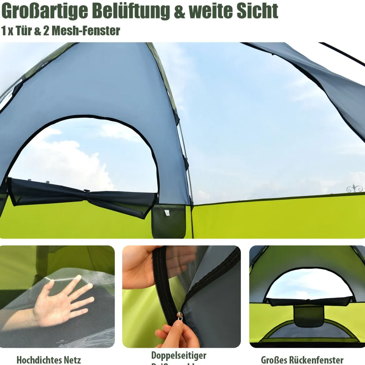 Doppellagiges Familien-Campingzelt Kuppelzelt winddicht 210 x 210 x 160 cm Grün