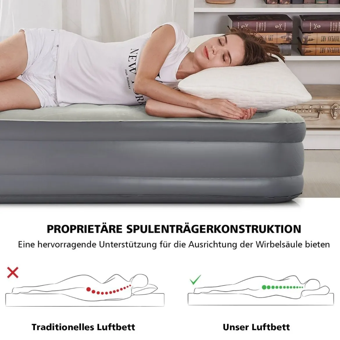Doppel-Luftmatratze tragbares Luftbett mit eingebauter Pumpe 191 x 90 x 35 cm Grau
