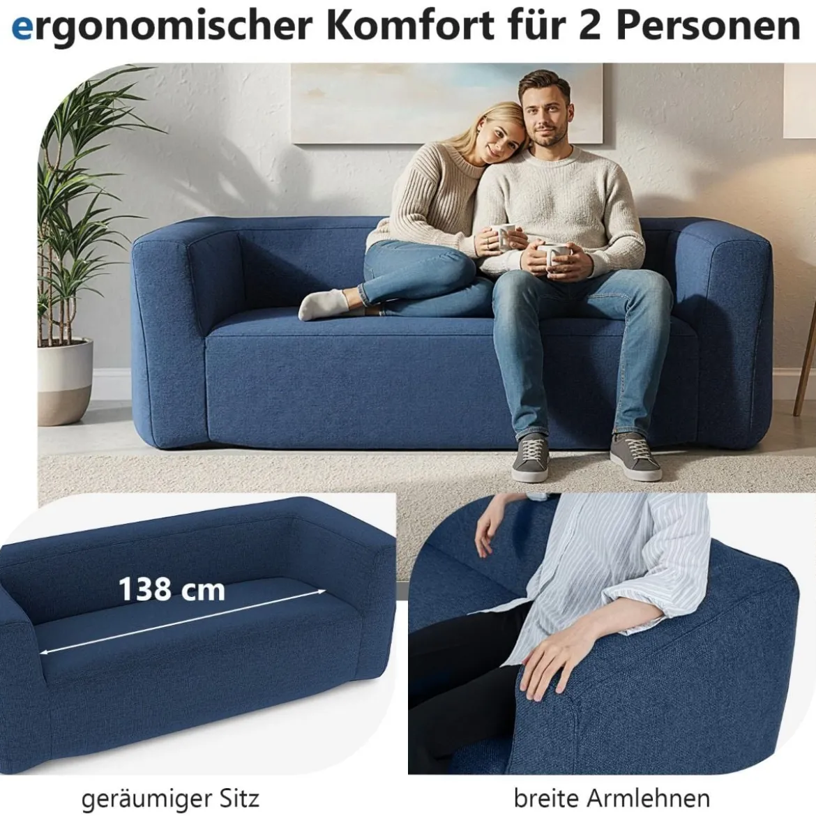 Doppelluftsofa tragbares aufblasbares Sofa mit abnehmbarem Bezug breite Armlehnen Blau