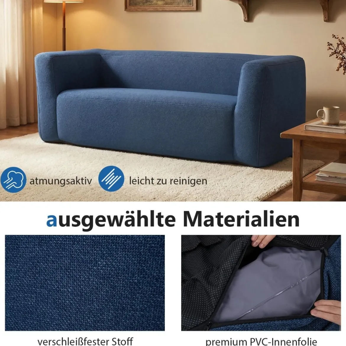 Doppelluftsofa tragbares aufblasbares Sofa mit abnehmbarem Bezug breite Armlehnen Blau