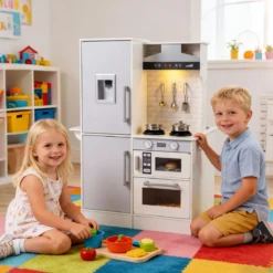 Doppelseitige Kinderküche hölzerner Spielküchen-Set mit Wasserspender Dunstabzugshaube Weiß