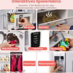 Doppelseitige Kinderküche hölzerner Spielküchen-Set mit Wasserspender Dunstabzugshaube Weiß
