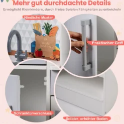 Doppelseitige Kinderküche hölzerner Spielküchen-Set mit Wasserspender Dunstabzugshaube Weiß