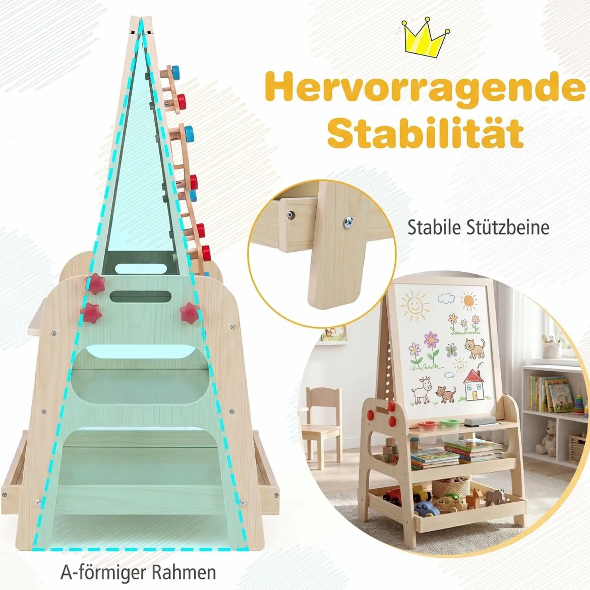 Doppelseitiger Staffelei Holz Kinderstaffelei mit Magnetischem Whiteboard für Kinder ab 3 Jahren