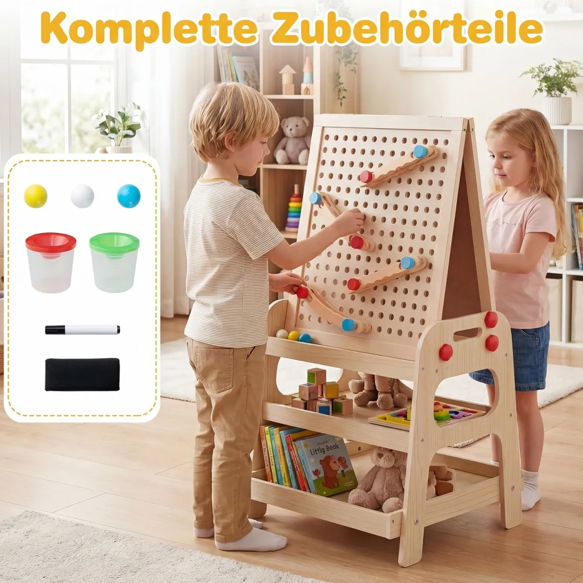 Doppelseitiger Staffelei Holz Kinderstaffelei mit Magnetischem Whiteboard für Kinder ab 3 Jahren