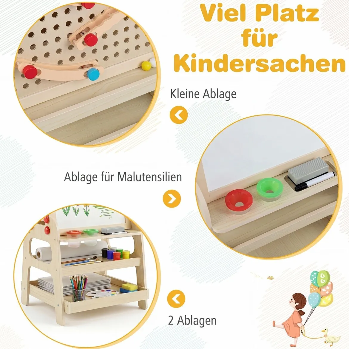 Doppelseitiger Staffelei Holz Kinderstaffelei mit Magnetischem Whiteboard für Kinder ab 3 Jahren