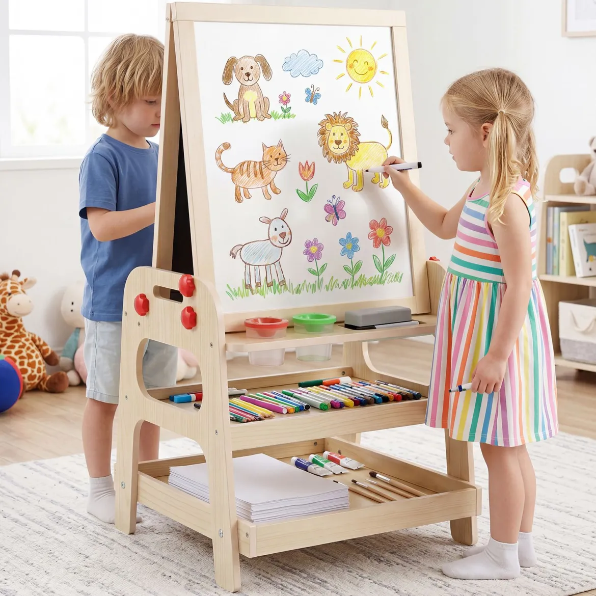 Doppelseitiger Staffelei Holz Kinderstaffelei mit Magnetischem Whiteboard für Kinder ab 3 Jahren