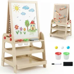 Doppelseitiger Staffelei Holz Kinderstaffelei mit Magnetischem Whiteboard für Kinder ab 3 Jahren
