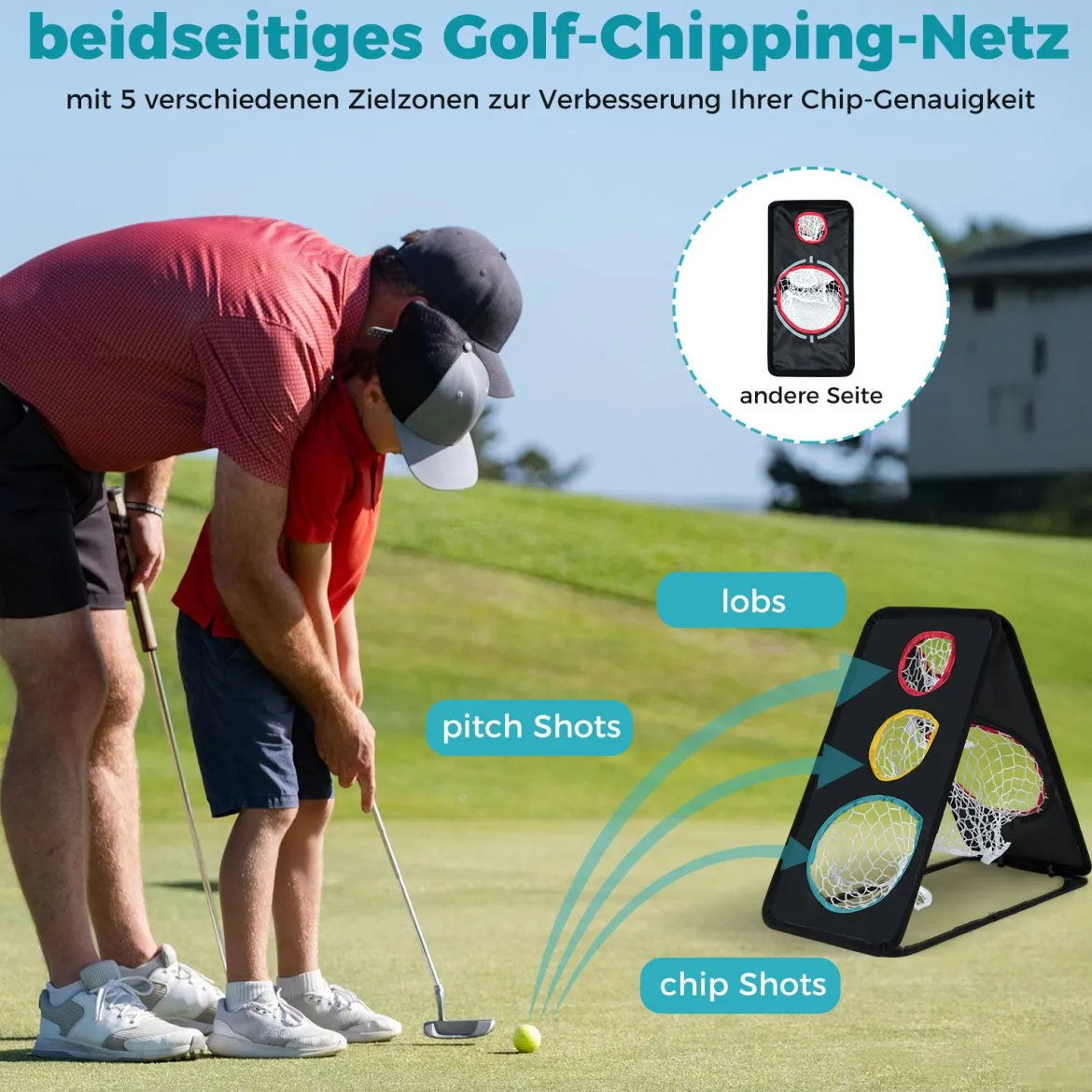 Doppelseitiges Golf-Chipping-Netz mit 5 Zielöffnungen & Dreieckige Struktur & Oxford Gewebe Ziel-Trainingssystem