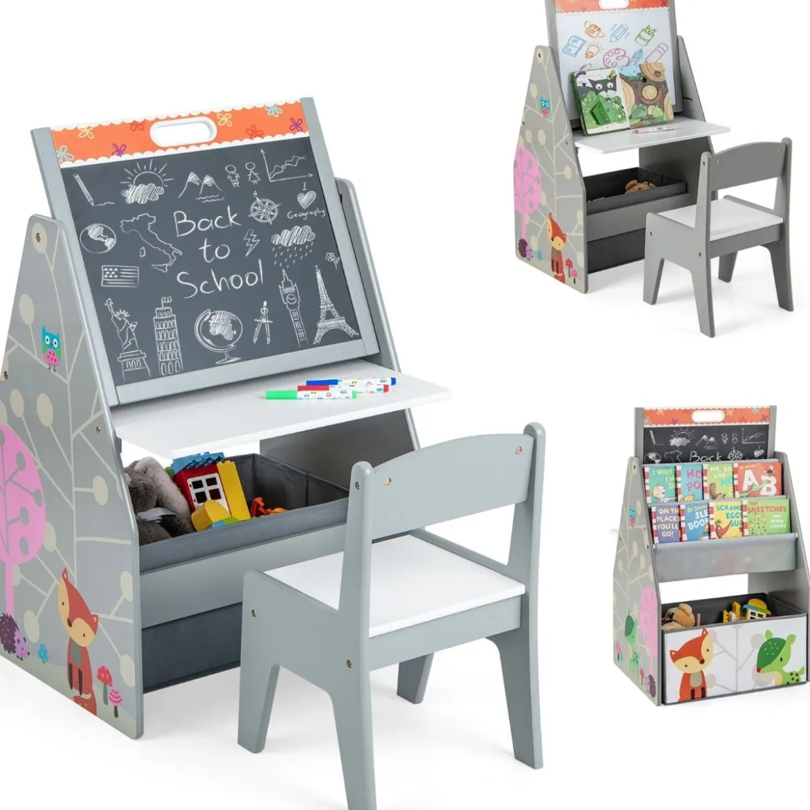 Doppelseitiges Kindertisch & Stuhl-Set mit Magnetischer Tafel & Whiteboard & Bücherregal Grau