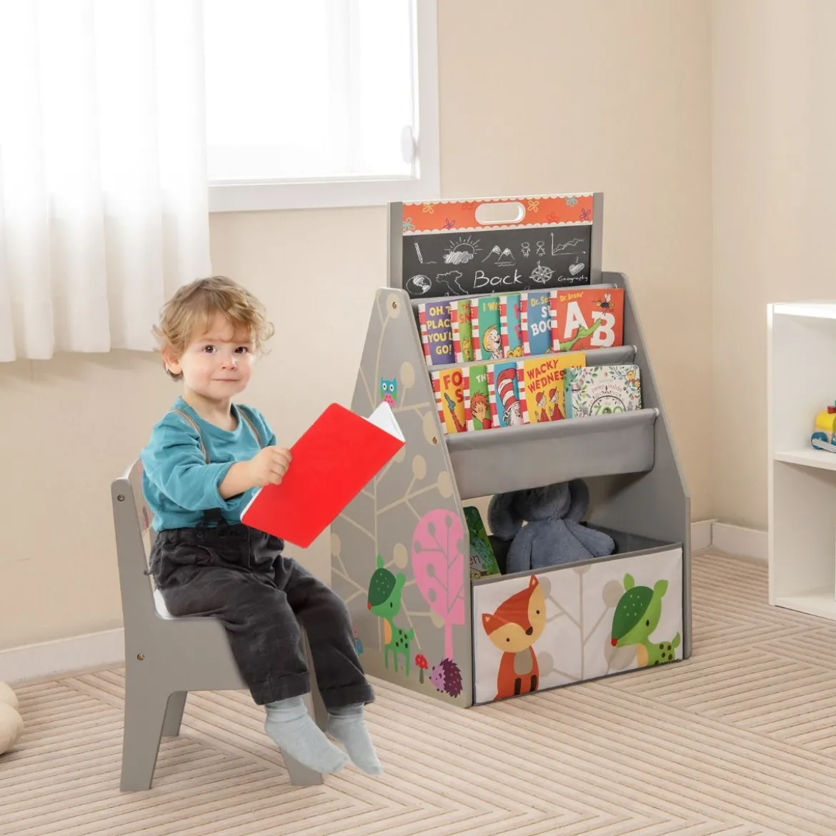 Doppelseitiges Kindertisch & Stuhl-Set mit Magnetischer Tafel & Whiteboard & Bücherregal Grau